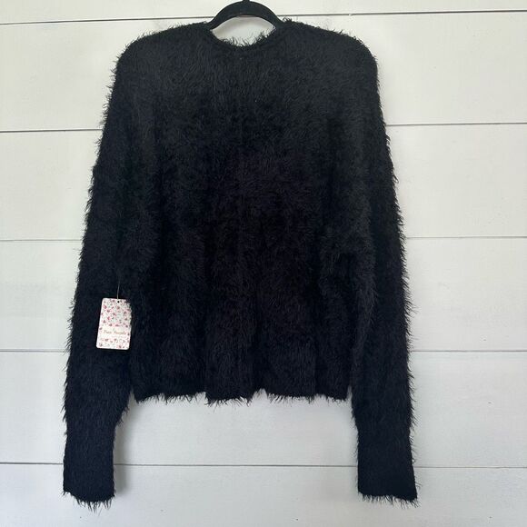Free People Women’s Medium Icing Black Vneck Fuzzy Sweater New - Picture 5 of 6